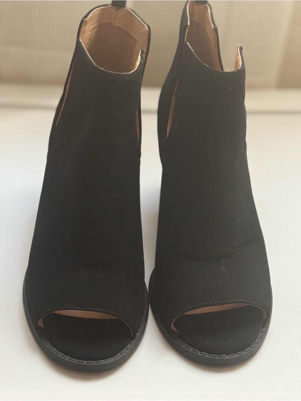 Black Faux Suede Peep-Toe Ankle Boots - Women's - Picture 3 of 6